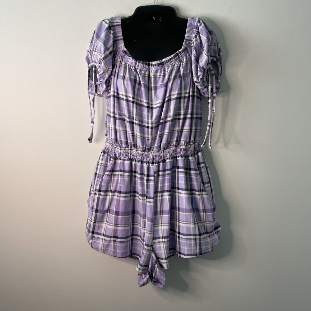 Jolie & Joy Size 1X Purple Plaid Romper Jumpsuit Puff Sleeve Smocked